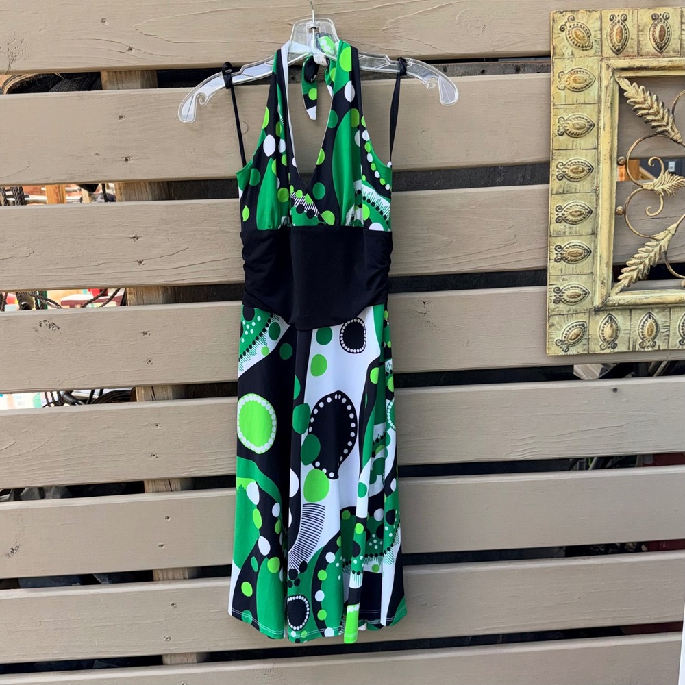 Notice‎ Halter Dress Womens Medium Green Black White Soft Knit Geometric